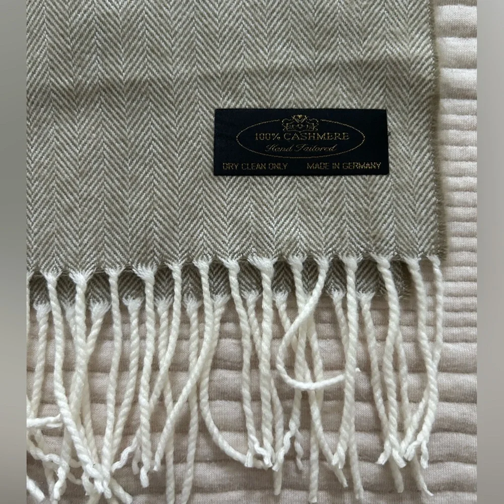 Herringbone and Fringe Cashmere Scarf Fall Winter Neutral‎ Tan White